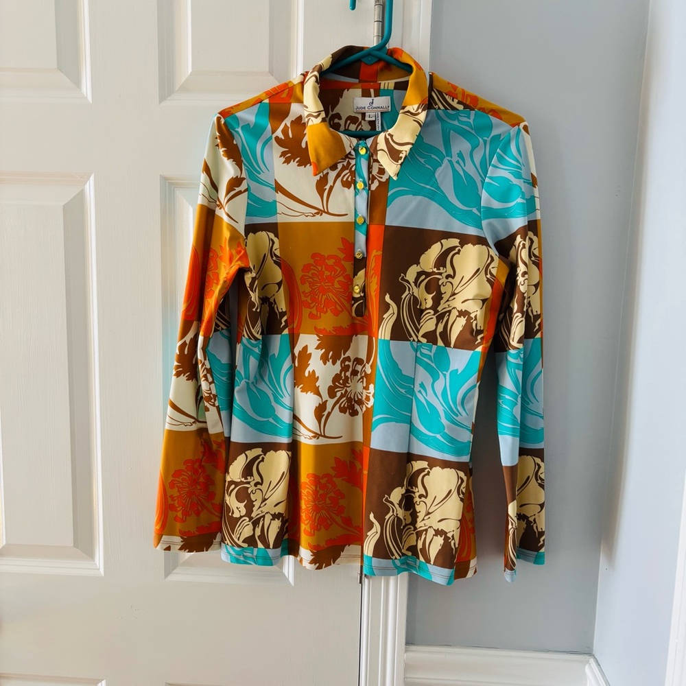Jude Connally Blue and Orange Blouse with Bold Print